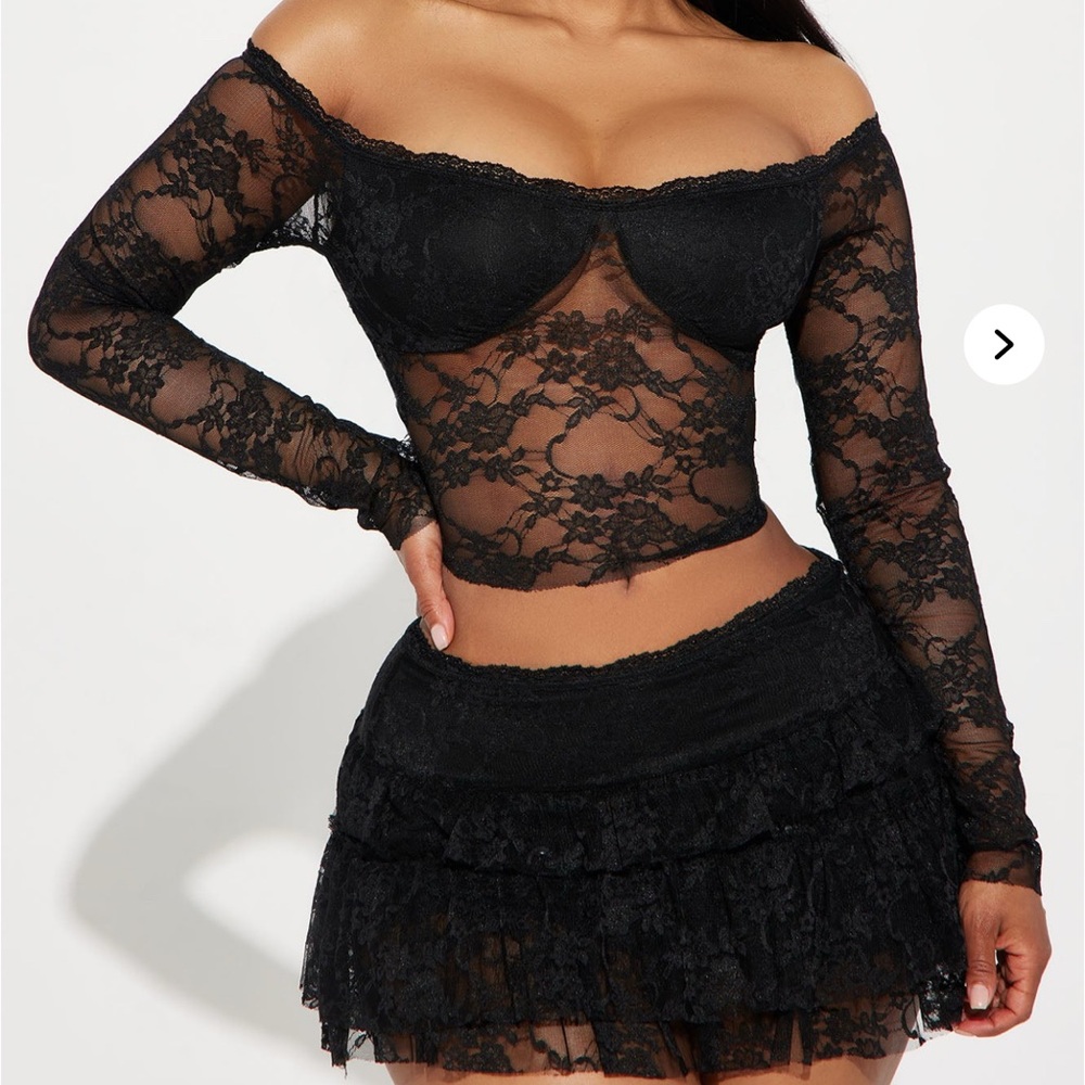 Black Lace Off-Shoulder Top and Skirt Set